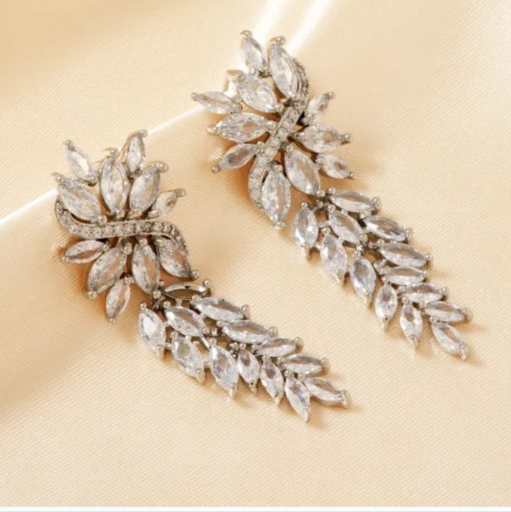 Anthropologie Silver Crystal Leaf Earrings